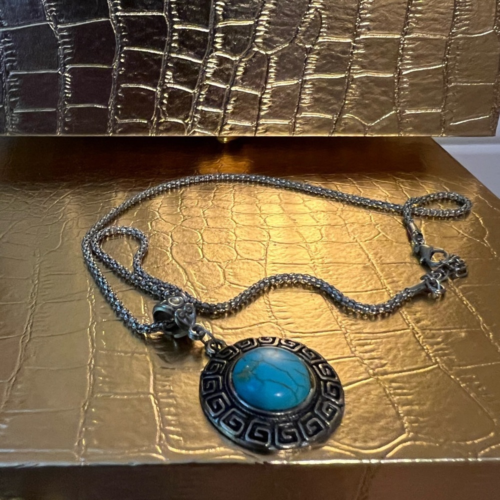 Turquoise and Silver Pendant Necklace - Picture 3 of 6